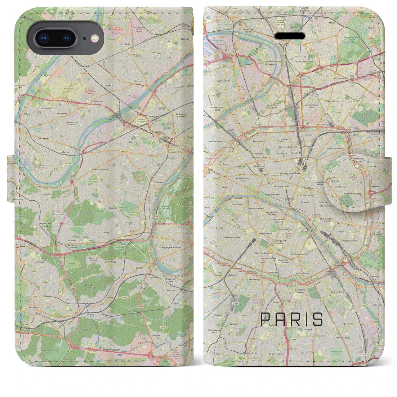 【パリ(フランス)】地図柄iPhoneケース(手帳タイプ)モノトーン・iPhone 8Plus /7Plus / 6sPlus / 6Plus 用