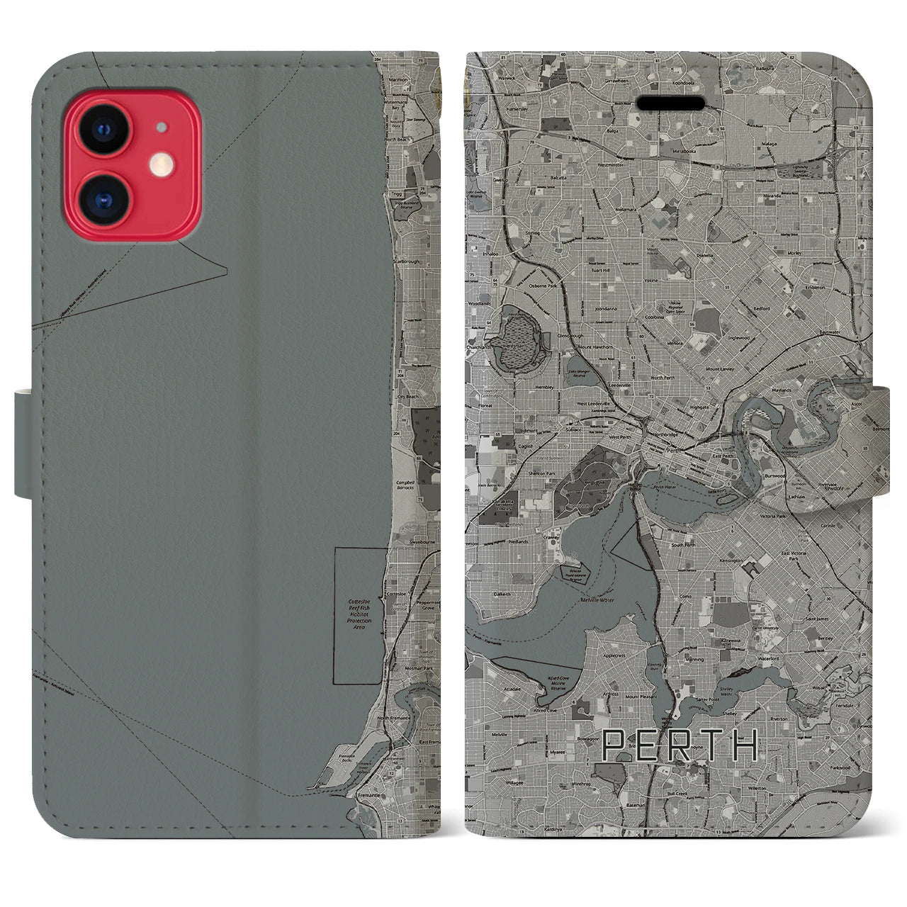 【パース(オーストラリア)】地図柄iPhoneケース(手帳タイプ)モノトーン・iPhone 11 用