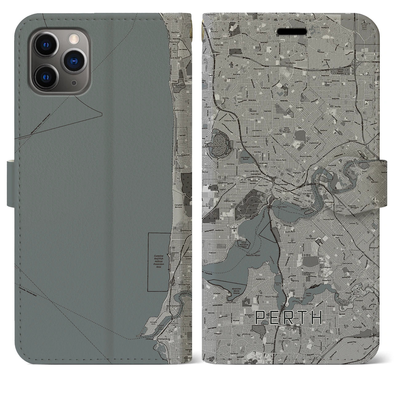 【パース(オーストラリア)】地図柄iPhoneケース(手帳タイプ)モノトーン・iPhone 11 Pro Max 用