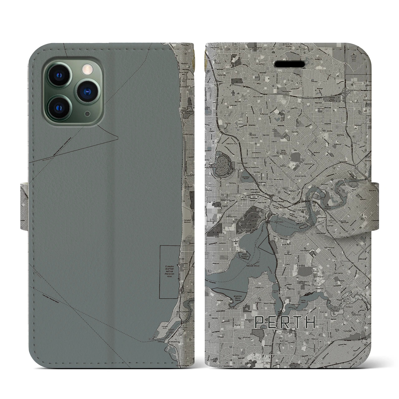 【パース(オーストラリア)】地図柄iPhoneケース(手帳タイプ)モノトーン・iPhone 11 Pro 用