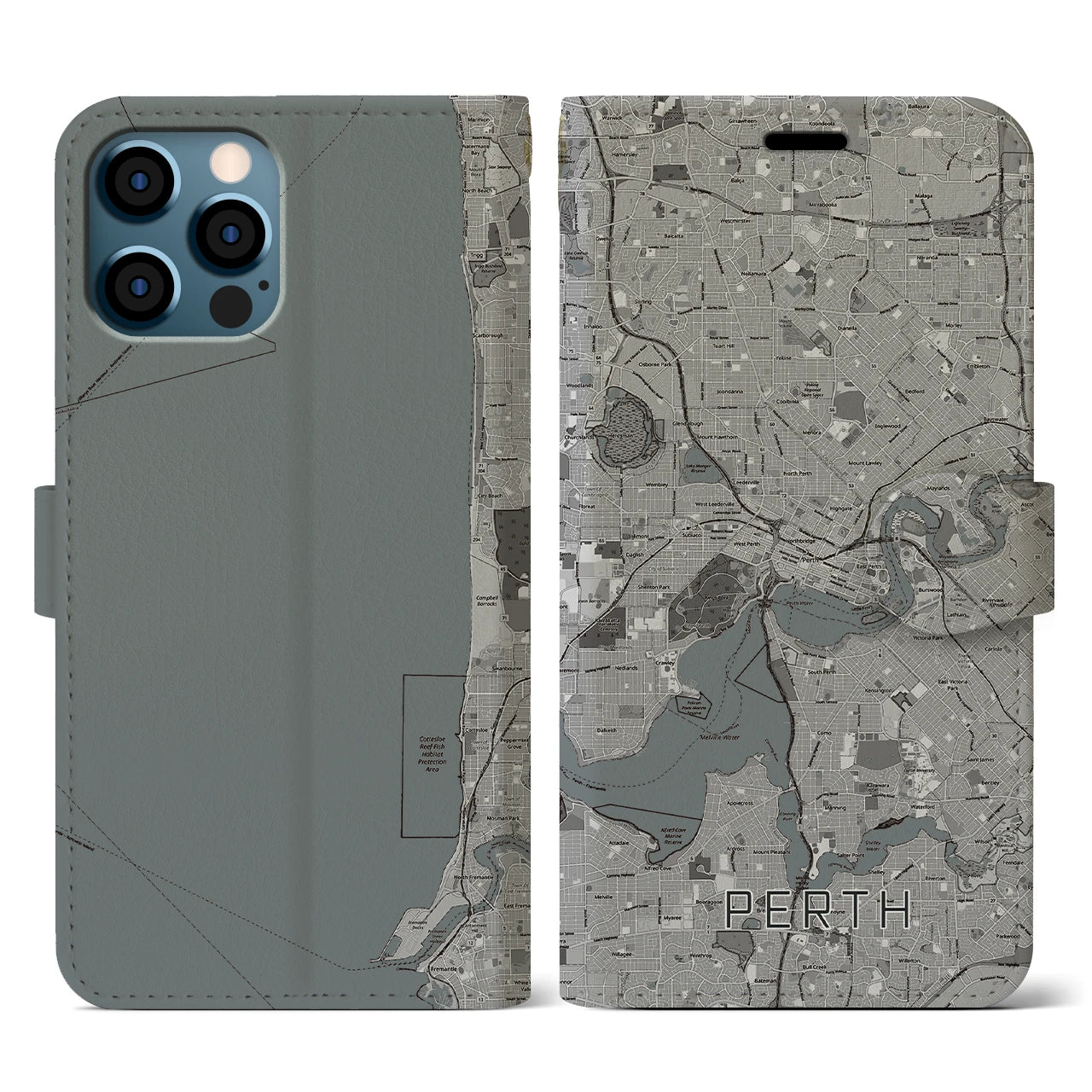 【パース(オーストラリア)】地図柄iPhoneケース(手帳タイプ)モノトーン・iPhone 12 / 12 Pro 用