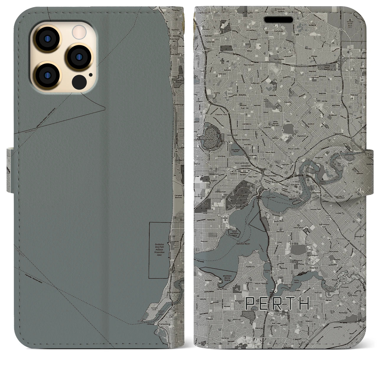 【パース(オーストラリア)】地図柄iPhoneケース(手帳タイプ)モノトーン・iPhone 12 Pro Max 用