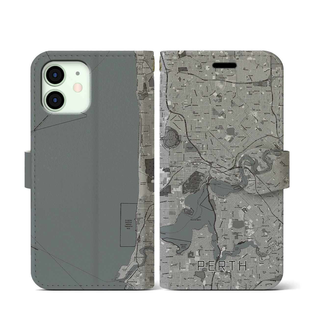 【パース(オーストラリア)】地図柄iPhoneケース(手帳タイプ)モノトーン・iPhone 12 mini 用