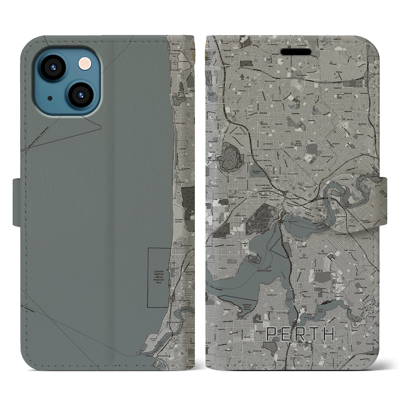 【パース(オーストラリア)】地図柄iPhoneケース(手帳タイプ)モノトーン・iPhone 13 用