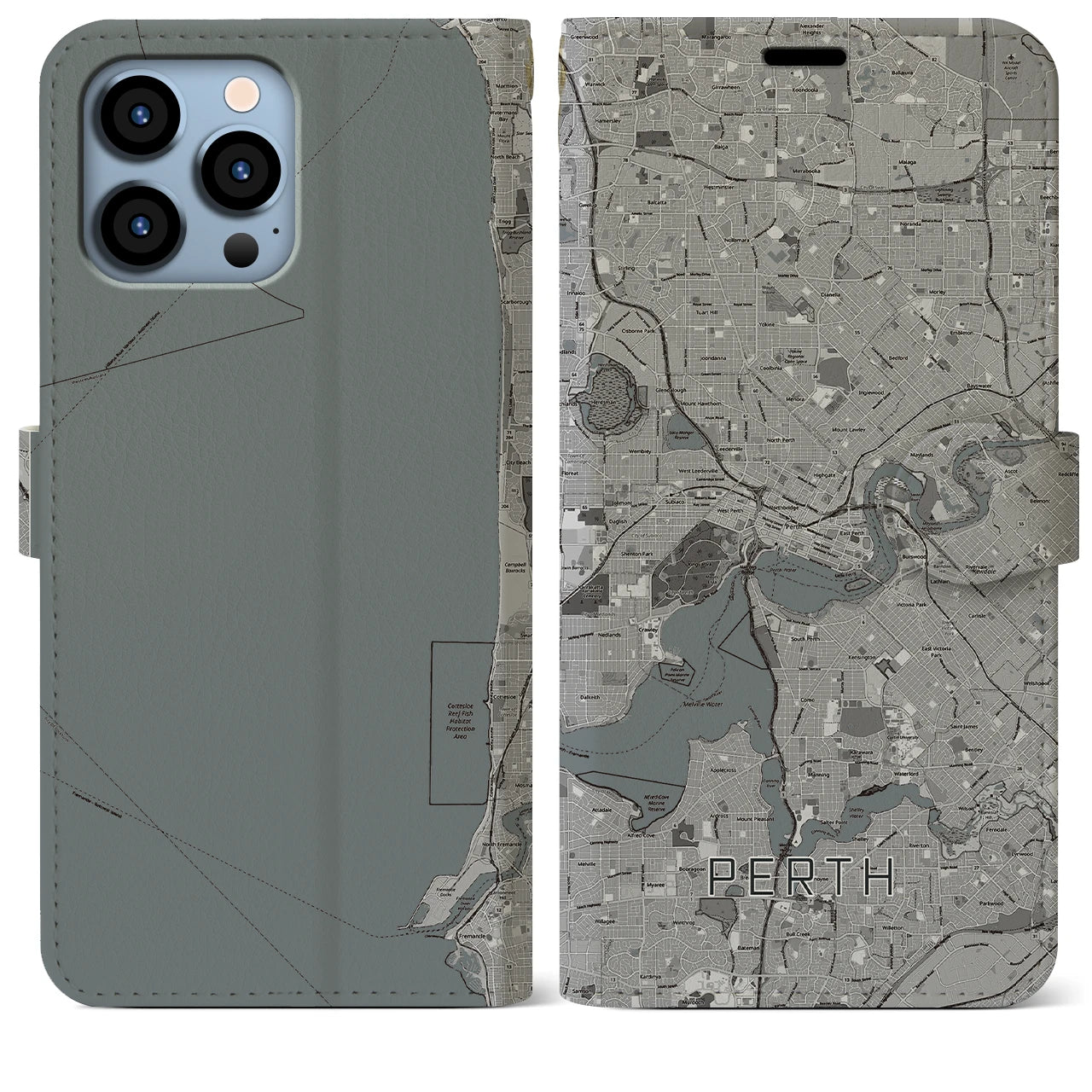 【パース(オーストラリア)】地図柄iPhoneケース(手帳タイプ)モノトーン・iPhone 13 Pro Max 用
