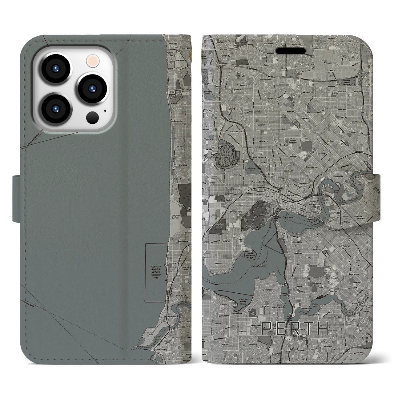 【パース(オーストラリア)】地図柄iPhoneケース(手帳タイプ)モノトーン・iPhone 13 Pro 用