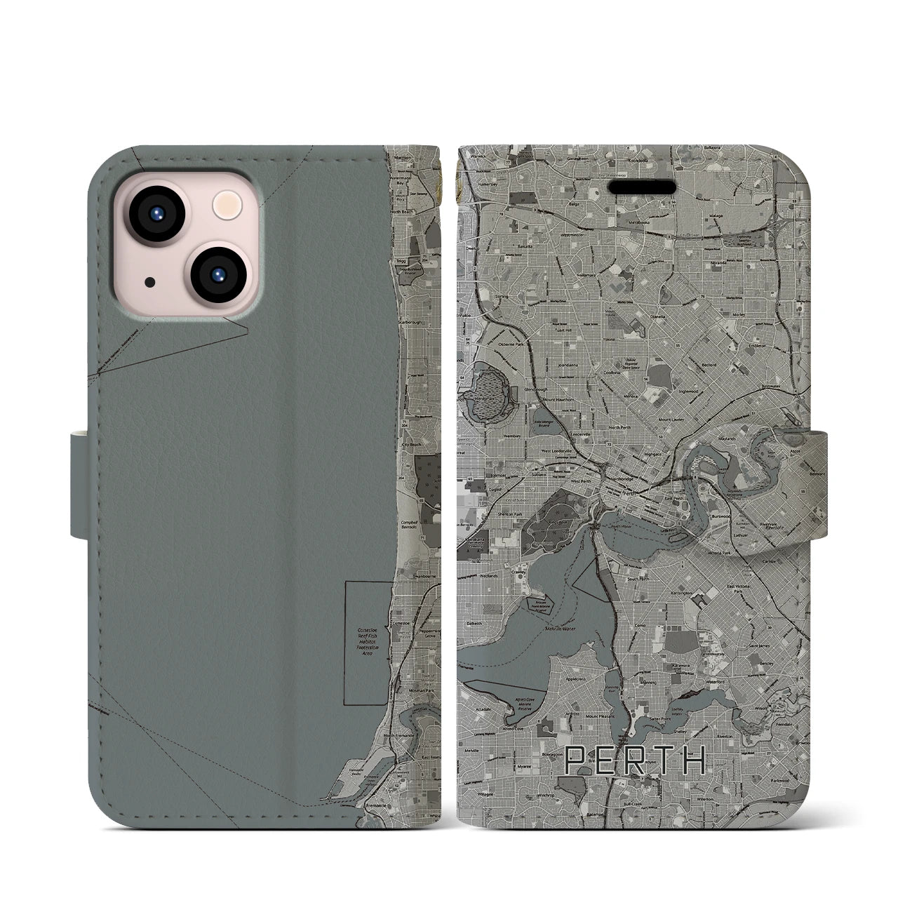 【パース(オーストラリア)】地図柄iPhoneケース(手帳タイプ)モノトーン・iPhone 13 mini 用