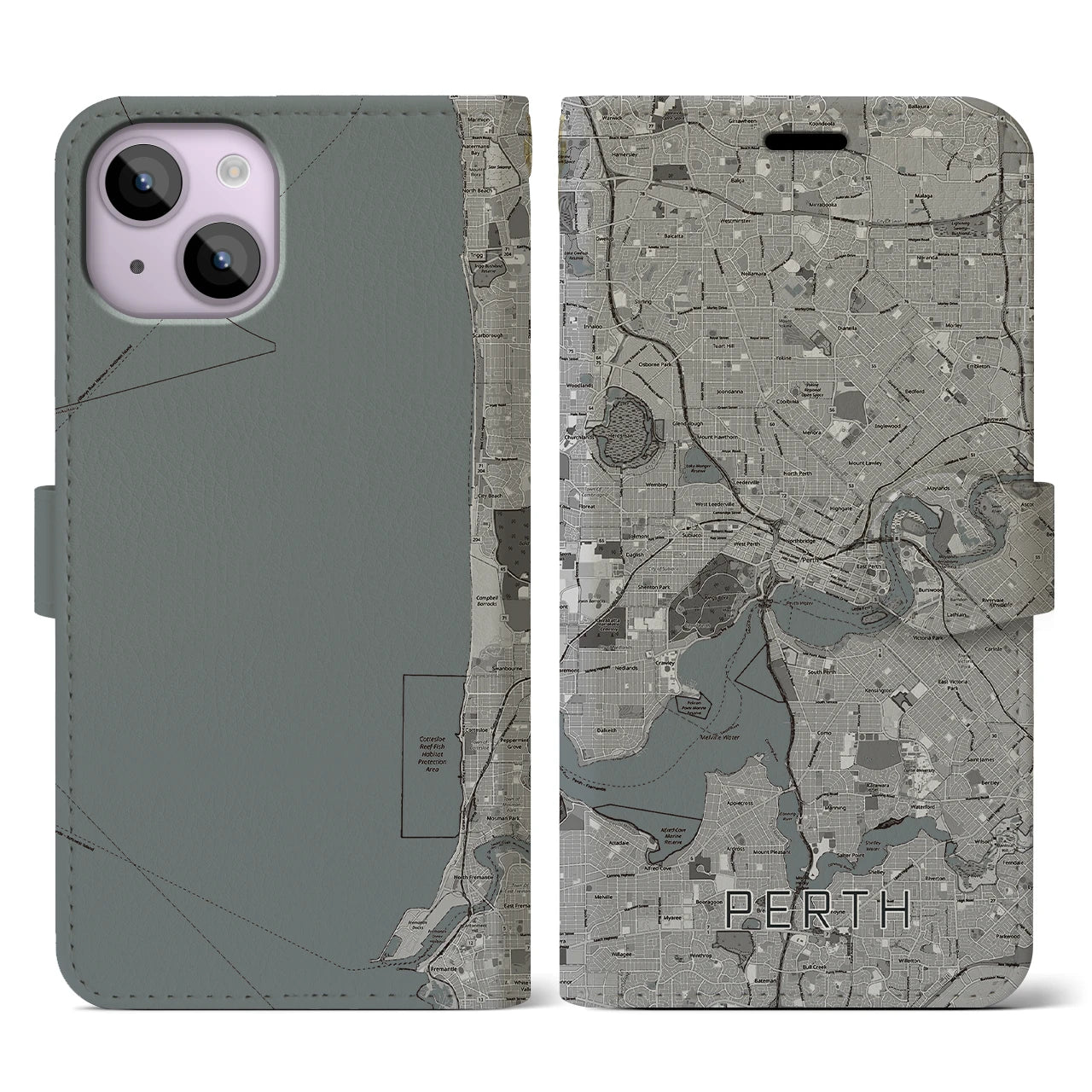 【パース(オーストラリア)】地図柄iPhoneケース(手帳タイプ)モノトーン・iPhone 14 用
