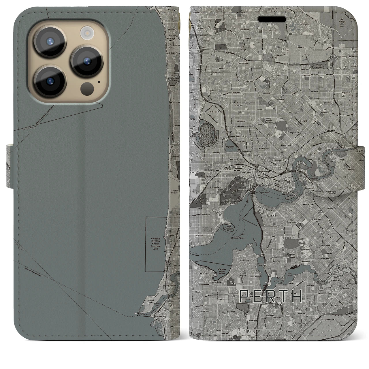 【パース(オーストラリア)】地図柄iPhoneケース(手帳タイプ)モノトーン・iPhone 14 Pro Max 用