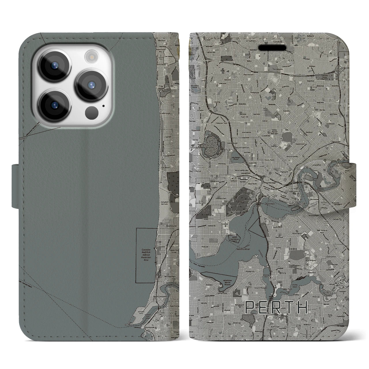 【パース(オーストラリア)】地図柄iPhoneケース(手帳タイプ)モノトーン・iPhone 14 Pro 用