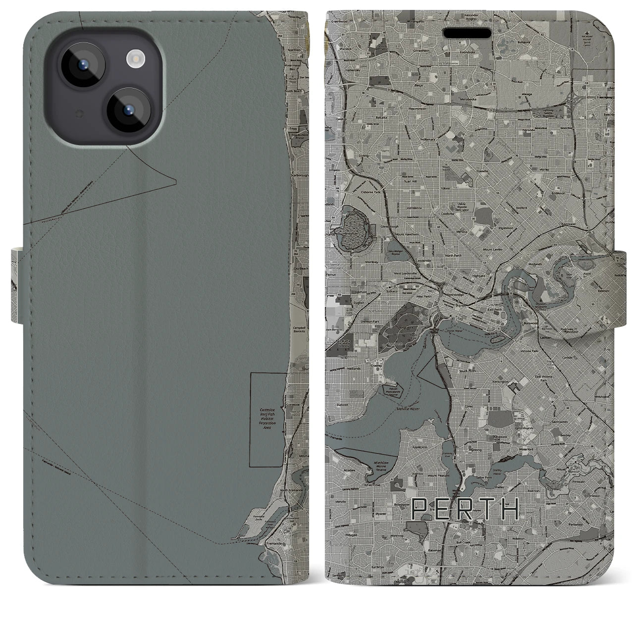【パース(オーストラリア)】地図柄iPhoneケース(手帳タイプ)モノトーン・iPhone 14 Plus 用
