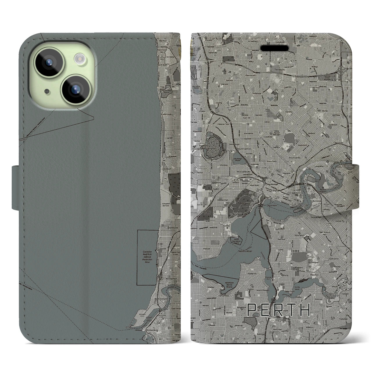 【パース(オーストラリア)】地図柄iPhoneケース(手帳タイプ)モノトーン・iPhone 15 用