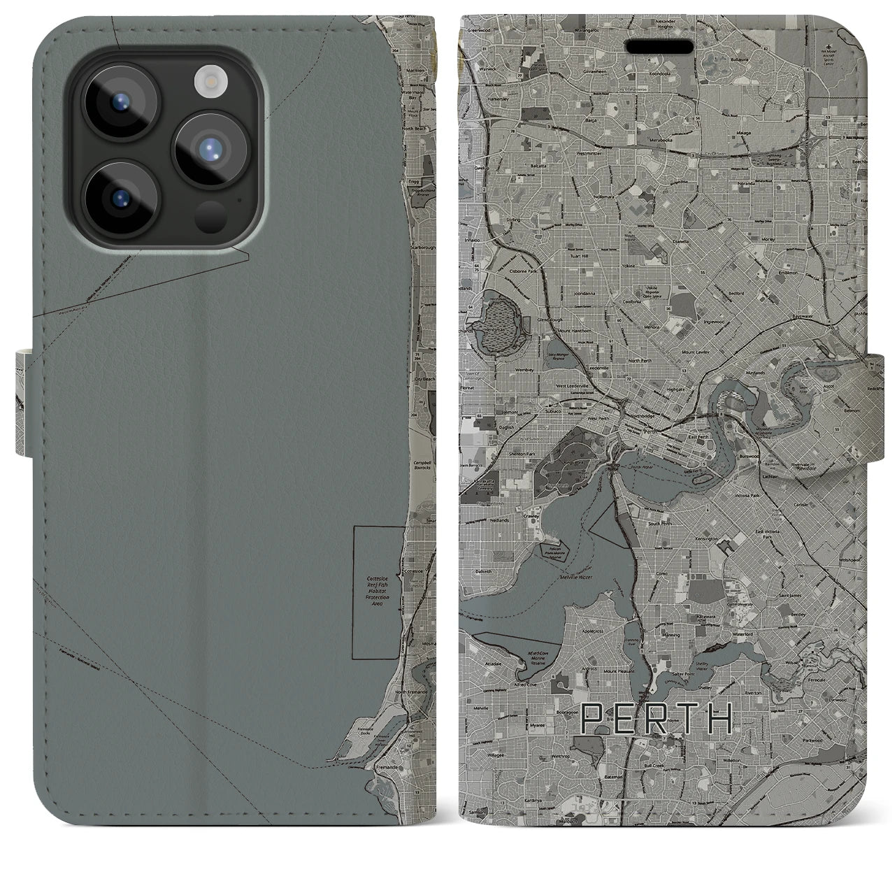【パース(オーストラリア)】地図柄iPhoneケース(手帳タイプ)モノトーン・iPhone 15 Pro Max 用