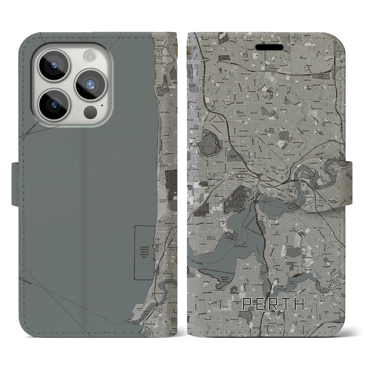 【パース(オーストラリア)】地図柄iPhoneケース(手帳タイプ)モノトーン・iPhone 15 Pro 用