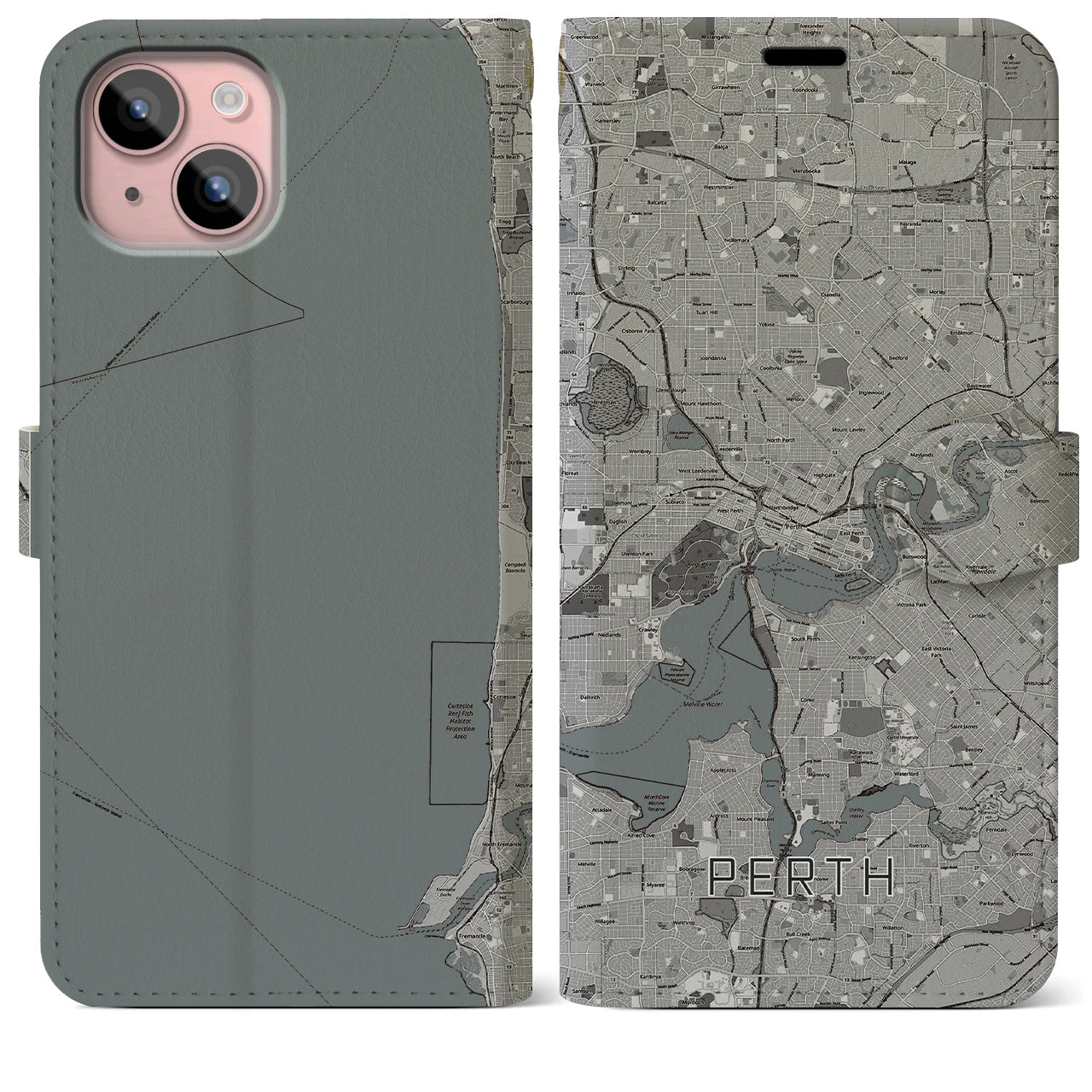 【パース(オーストラリア)】地図柄iPhoneケース(手帳タイプ)モノトーン・iPhone 15 Plus 用