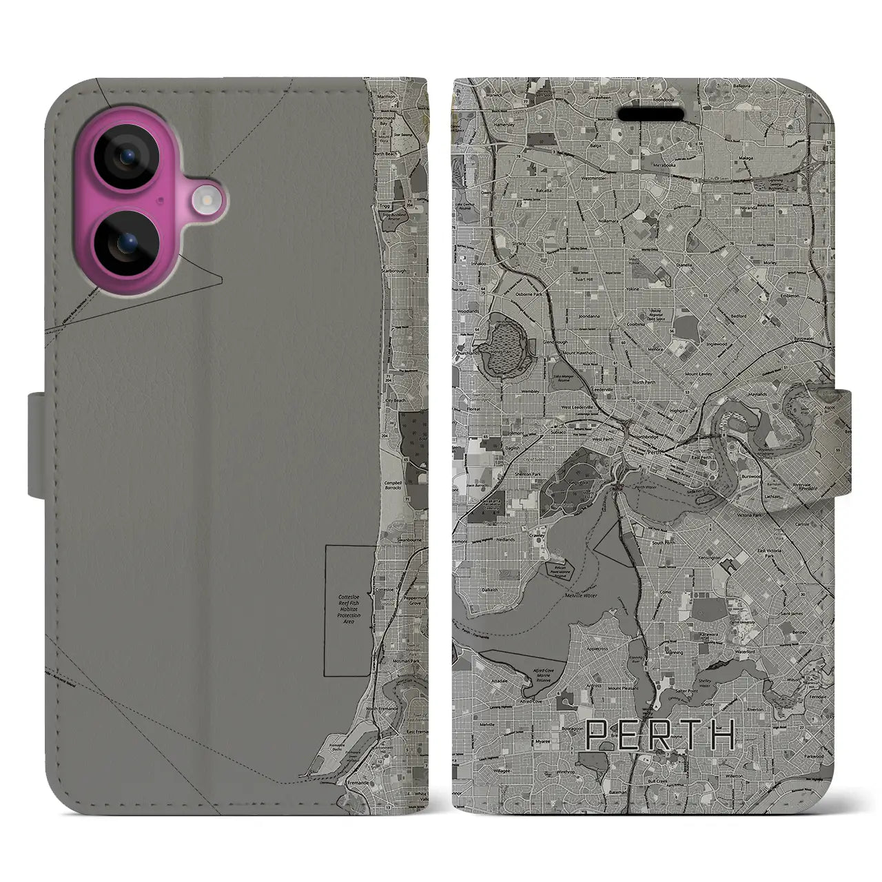 【パース(オーストラリア)】地図柄iPhoneケース(手帳タイプ)モノトーン・iPhone 16 Pro 用