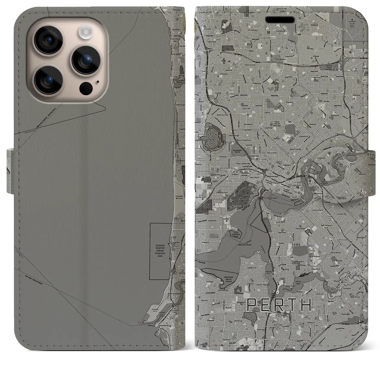 【パース(オーストラリア)】地図柄iPhoneケース(手帳タイプ)モノトーン・iPhone 16 Plus 用