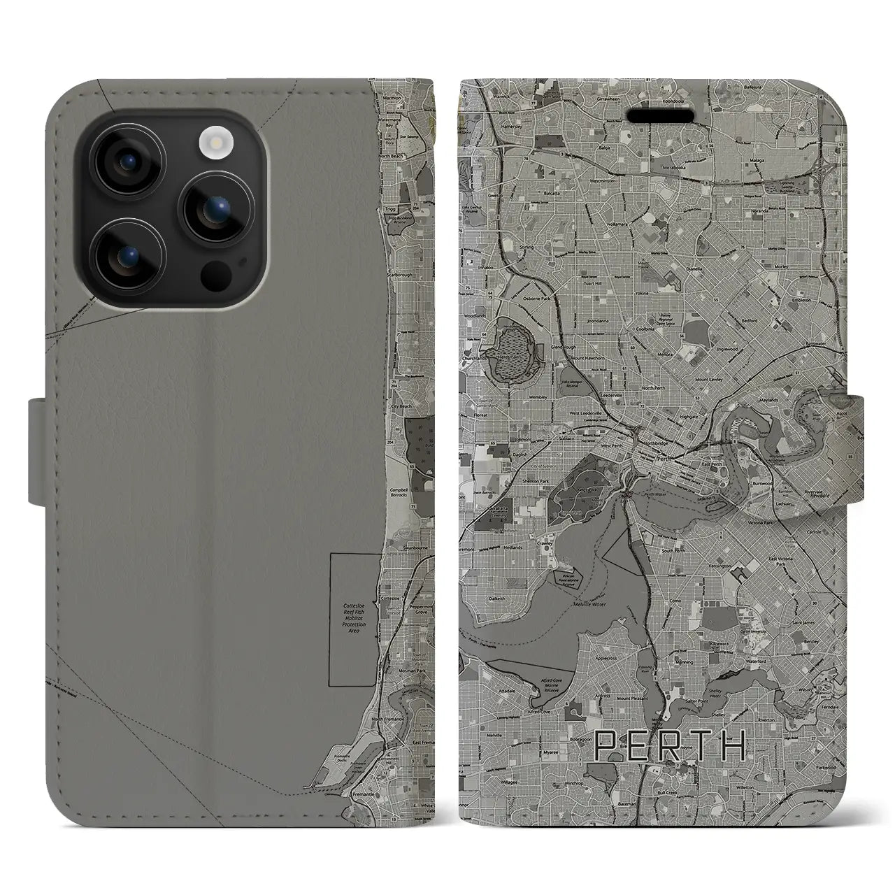 【パース(オーストラリア)】地図柄iPhoneケース(手帳タイプ)モノトーン・iPhone 16 用