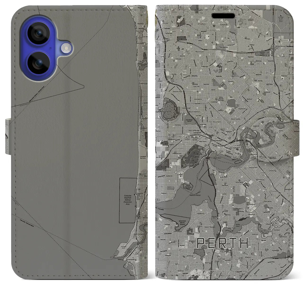 【パース(オーストラリア)】地図柄iPhoneケース(手帳タイプ)モノトーン・iPhone 16 Pro Max 用