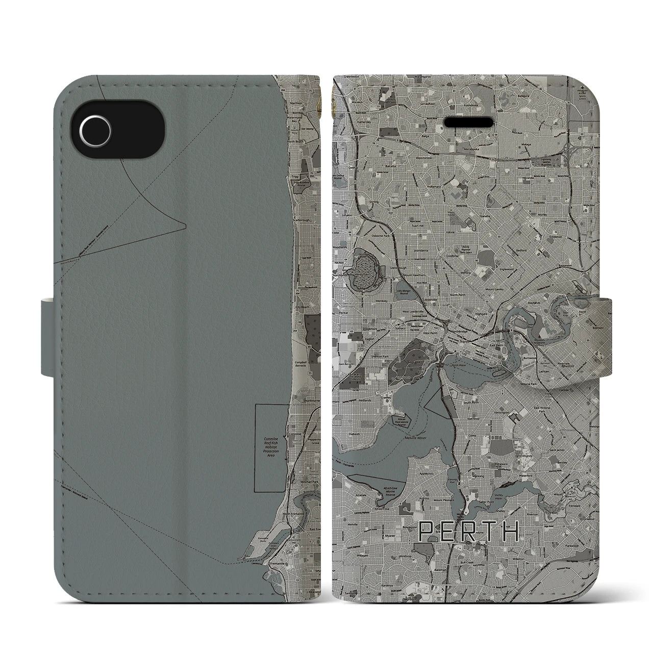 【パース(オーストラリア)】地図柄iPhoneケース(手帳タイプ)モノトーン・iPhone SE(第3 / 第2世代) / 8 / 7 / 6s / 6 用