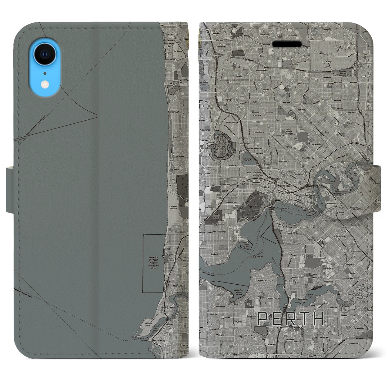 【パース(オーストラリア)】地図柄iPhoneケース(手帳タイプ)モノトーン・iPhone XR 用