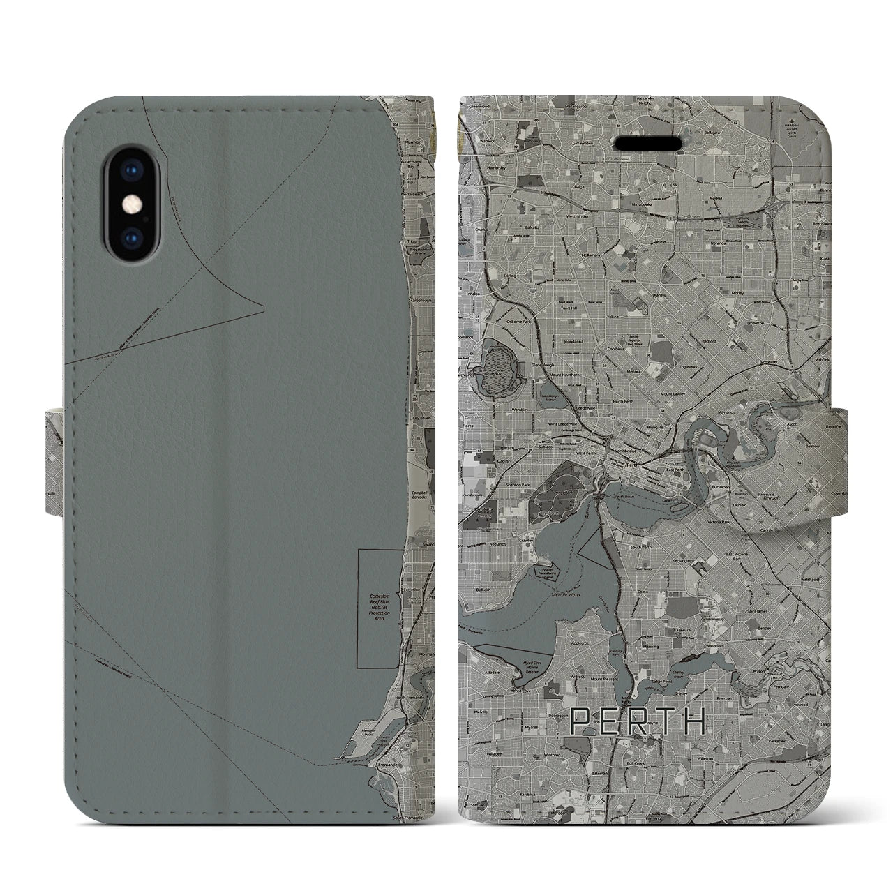 【パース(オーストラリア)】地図柄iPhoneケース(手帳タイプ)モノトーン・iPhone XS / X 用
