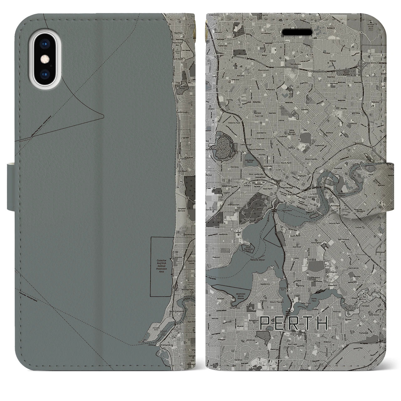 【パース(オーストラリア)】地図柄iPhoneケース(手帳タイプ)モノトーン・iPhone XS Max 用