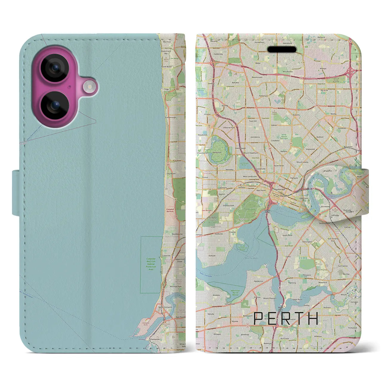 【パース(オーストラリア)】地図柄iPhoneケース(手帳タイプ)ナチュラル・iPhone 16 Pro 用