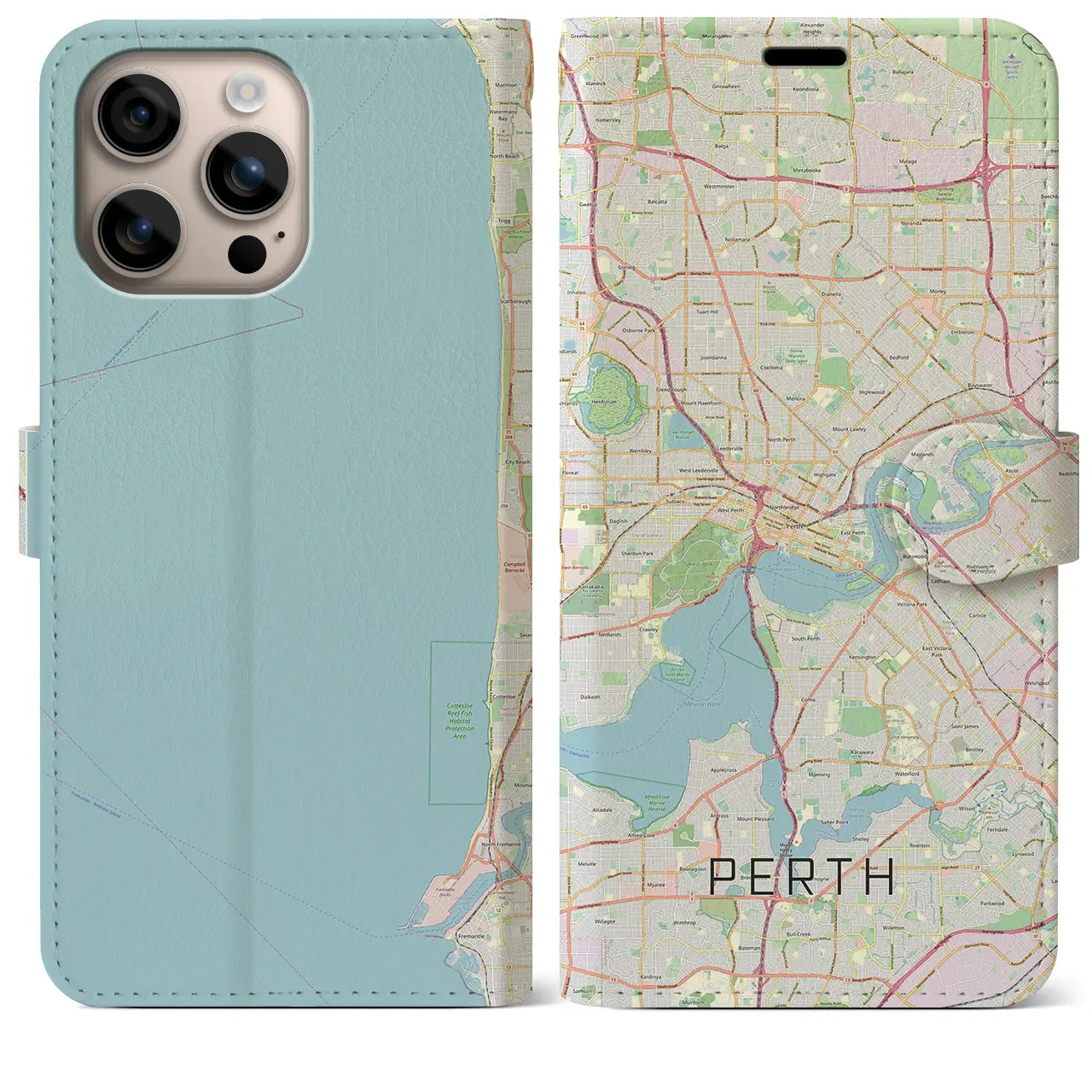 【パース(オーストラリア)】地図柄iPhoneケース(手帳タイプ)ナチュラル・iPhone 16 Plus 用