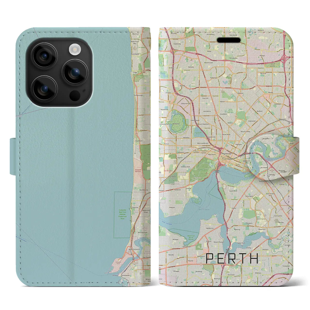 【パース(オーストラリア)】地図柄iPhoneケース(手帳タイプ)ナチュラル・iPhone 16 用