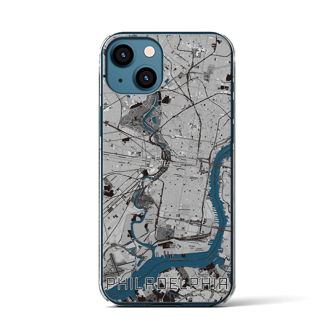 【フィラデルフィア(アメリカ)】地図柄iPhoneケース(クリアタイプ)モノトーン・iPhone 13 用
