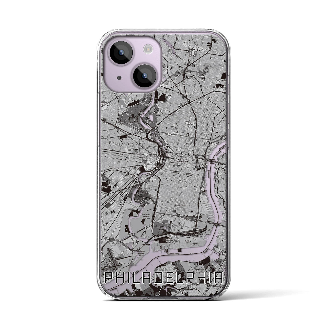 【フィラデルフィア(アメリカ)】地図柄iPhoneケース(クリアタイプ)モノトーン・iPhone 14 用