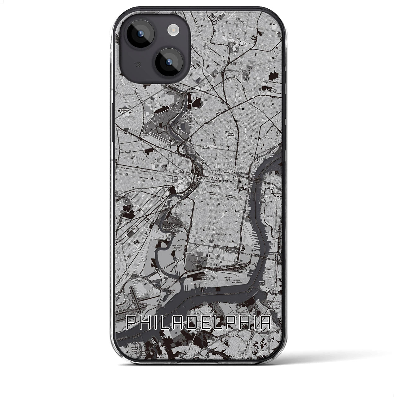 【フィラデルフィア(アメリカ)】地図柄iPhoneケース(クリアタイプ)モノトーン・iPhone 14 Plus 用