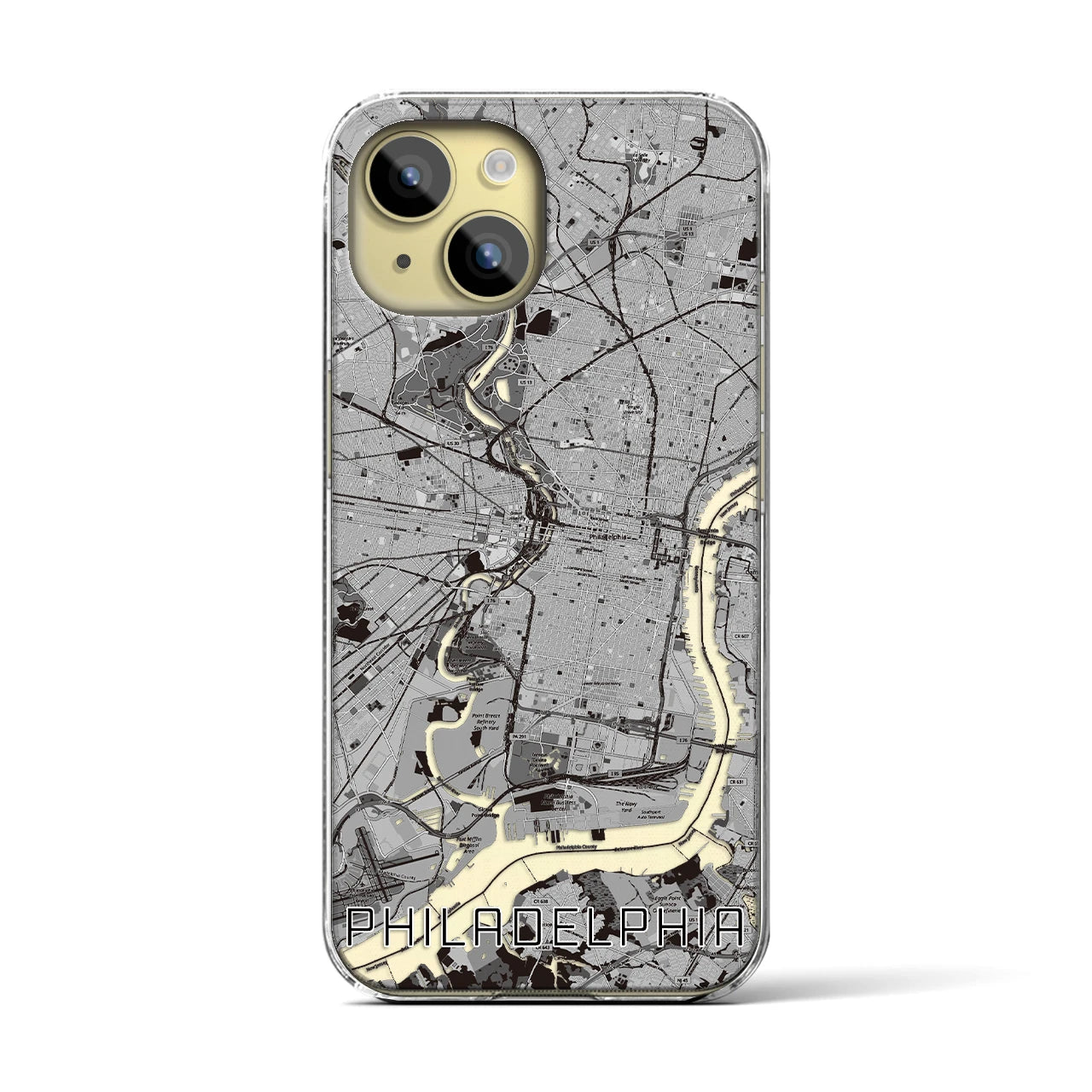 【フィラデルフィア(アメリカ)】地図柄iPhoneケース(クリアタイプ)モノトーン・iPhone 15 用