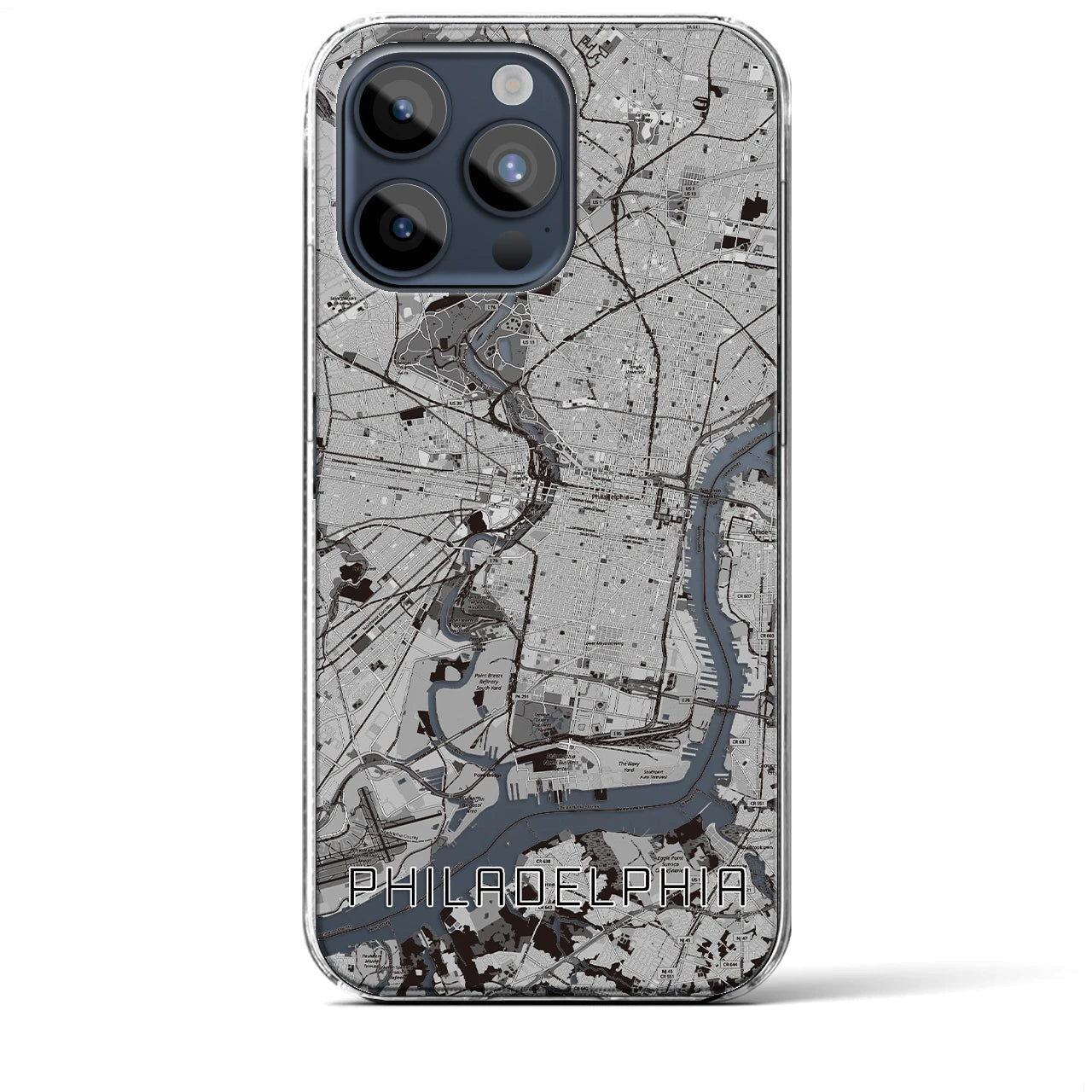 【フィラデルフィア(アメリカ)】地図柄iPhoneケース(クリアタイプ)モノトーン・iPhone 15 Pro Max 用