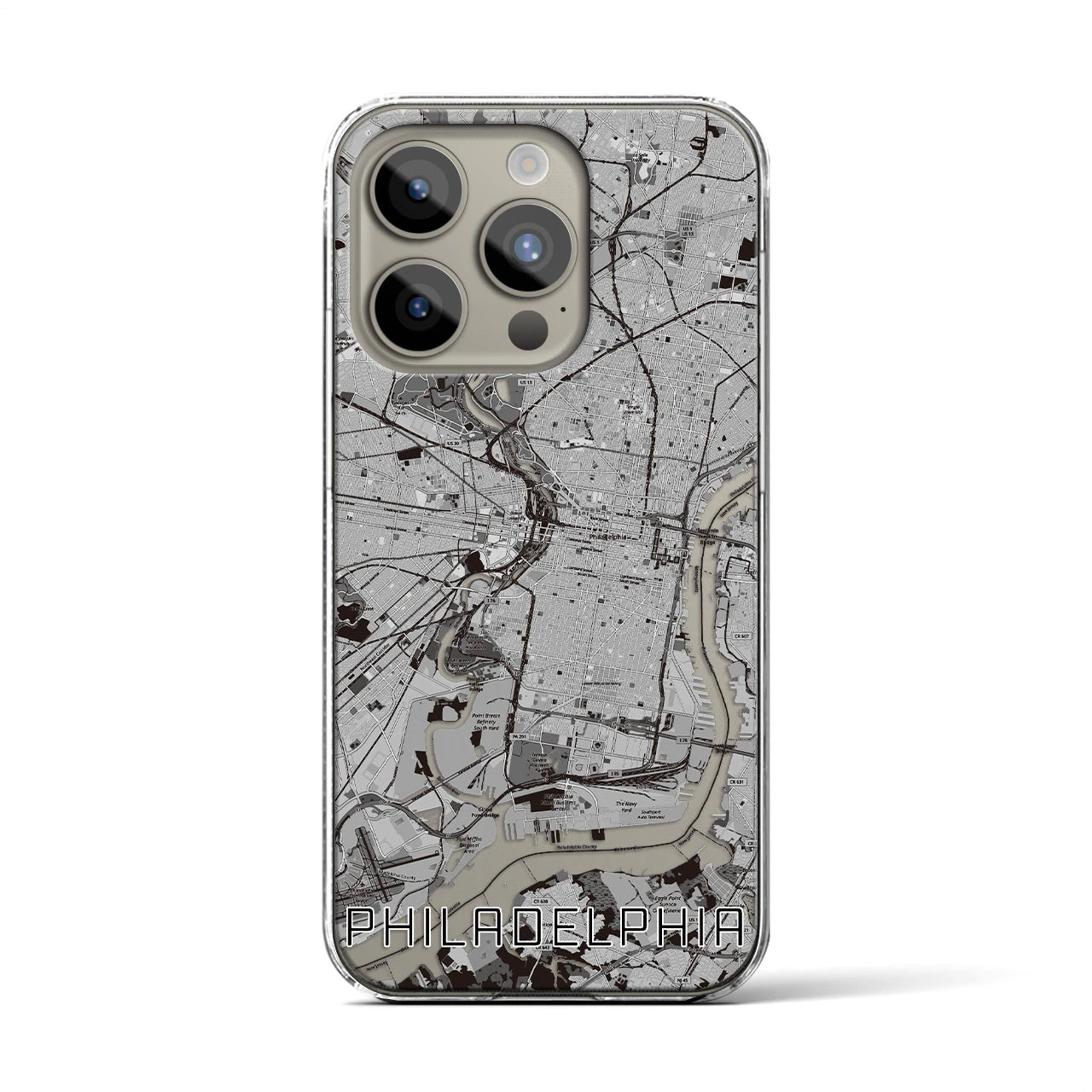 【フィラデルフィア(アメリカ)】地図柄iPhoneケース(クリアタイプ)モノトーン・iPhone 15 Pro 用