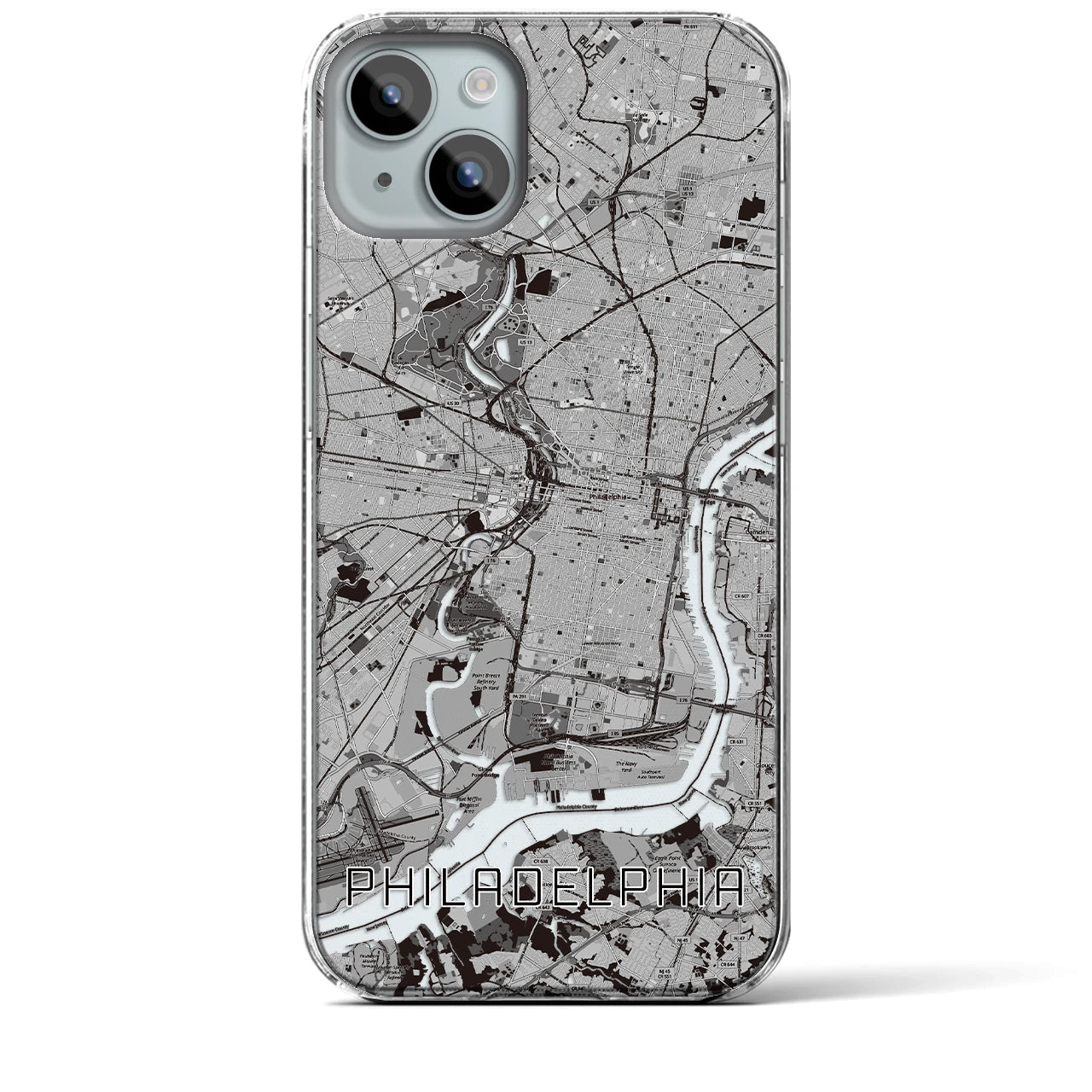 【フィラデルフィア(アメリカ)】地図柄iPhoneケース(クリアタイプ)モノトーン・iPhone 15 Plus 用