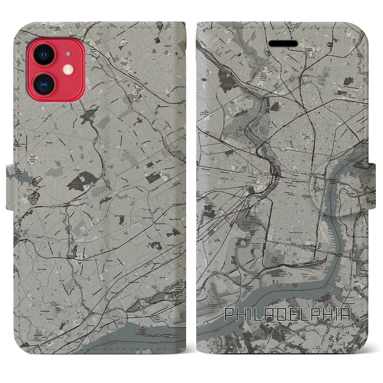 【フィラデルフィア(アメリカ)】地図柄iPhoneケース(手帳タイプ)モノトーン・iPhone 11 用