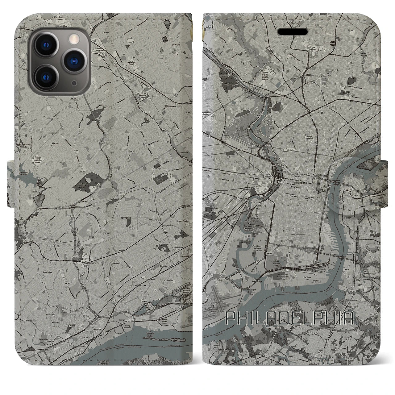 【フィラデルフィア(アメリカ)】地図柄iPhoneケース(手帳タイプ)モノトーン・iPhone 11 Pro Max 用