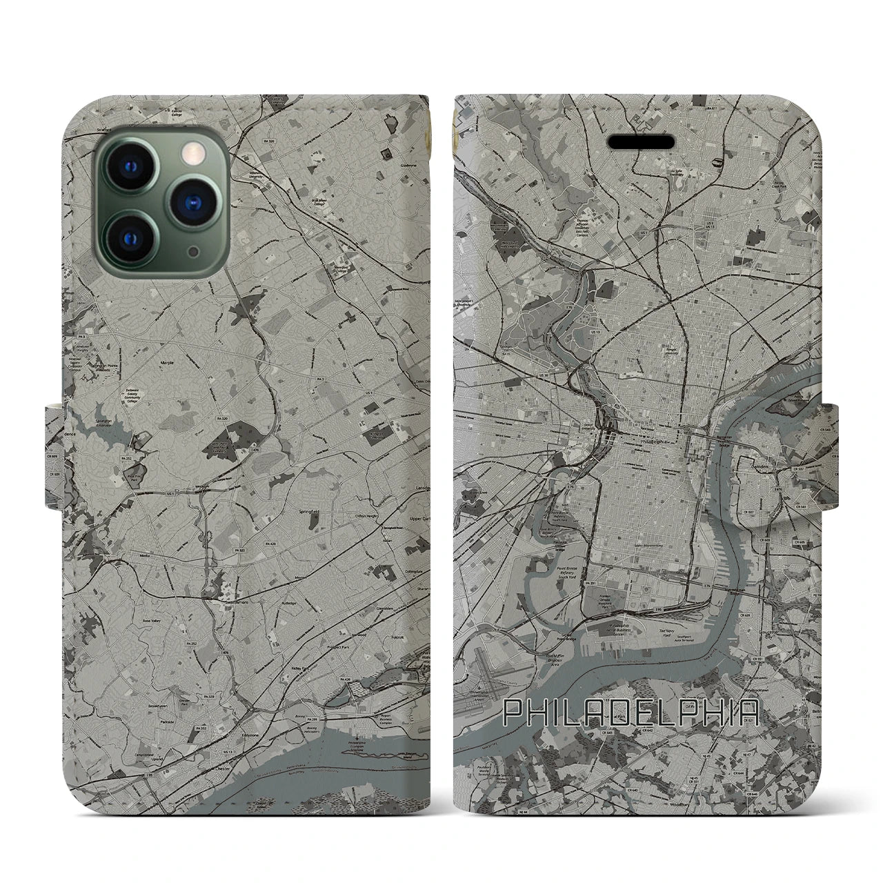 【フィラデルフィア(アメリカ)】地図柄iPhoneケース(手帳タイプ)モノトーン・iPhone 11 Pro 用