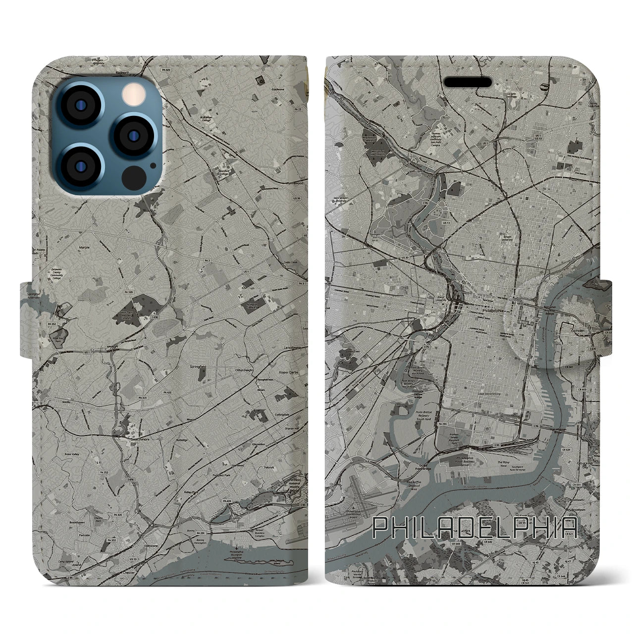 【フィラデルフィア(アメリカ)】地図柄iPhoneケース(手帳タイプ)モノトーン・iPhone 12 / 12 Pro 用