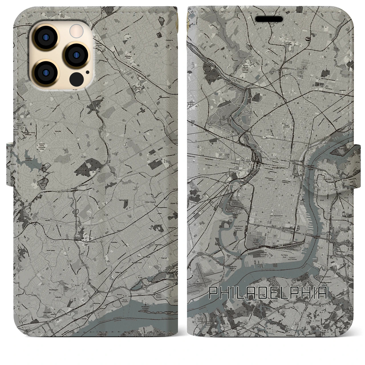 【フィラデルフィア(アメリカ)】地図柄iPhoneケース(手帳タイプ)モノトーン・iPhone 12 Pro Max 用