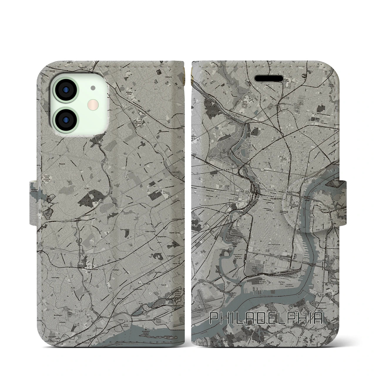 【フィラデルフィア(アメリカ)】地図柄iPhoneケース(手帳タイプ)モノトーン・iPhone 12 mini 用