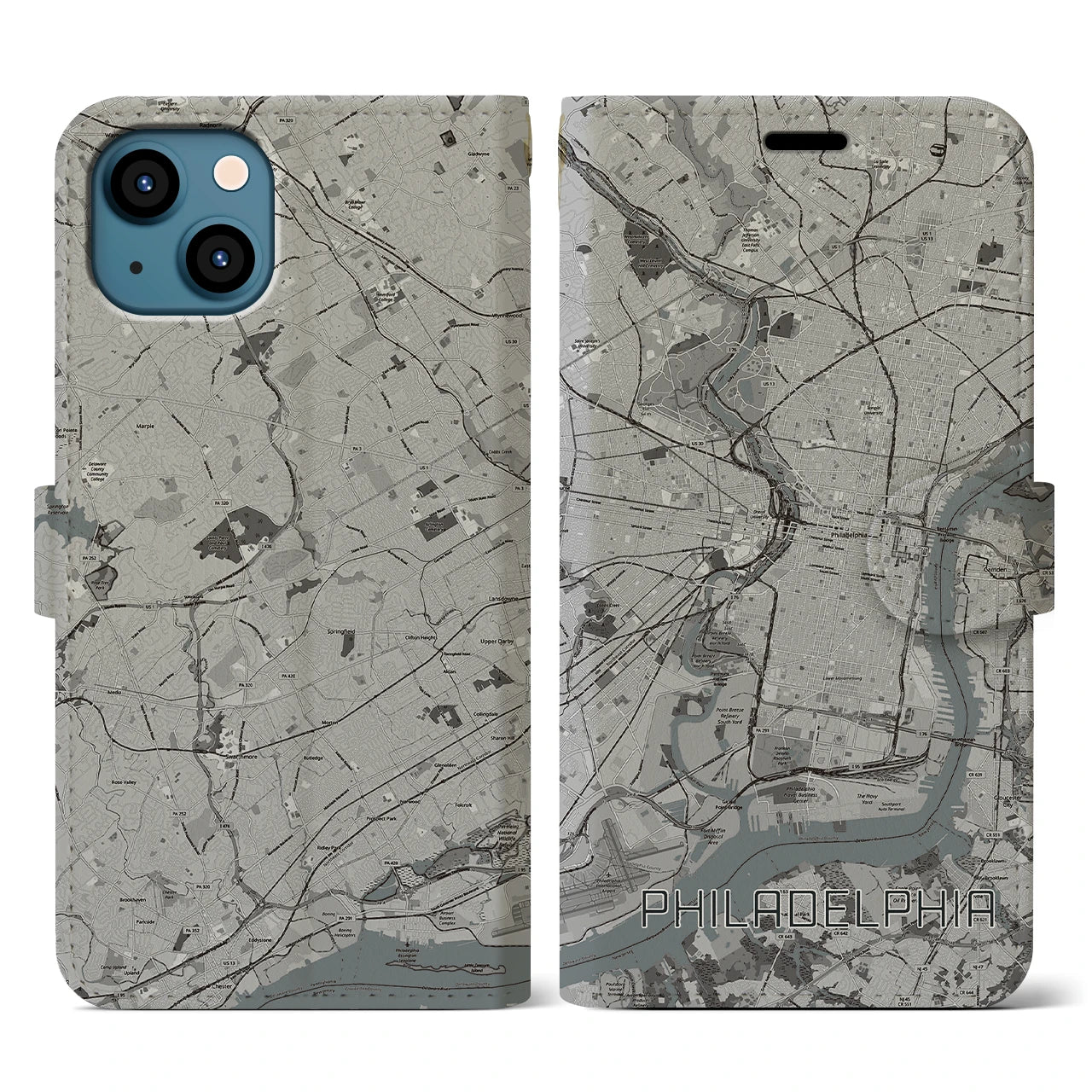 【フィラデルフィア(アメリカ)】地図柄iPhoneケース(手帳タイプ)モノトーン・iPhone 13 用