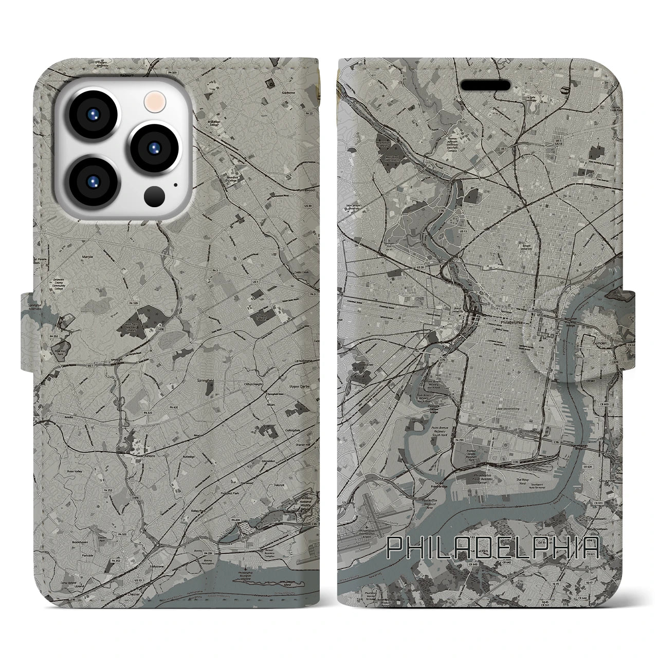 【フィラデルフィア(アメリカ)】地図柄iPhoneケース(手帳タイプ)モノトーン・iPhone 13 Pro 用