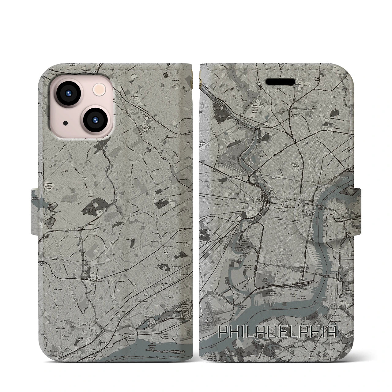 【フィラデルフィア(アメリカ)】地図柄iPhoneケース(手帳タイプ)モノトーン・iPhone 13 mini 用
