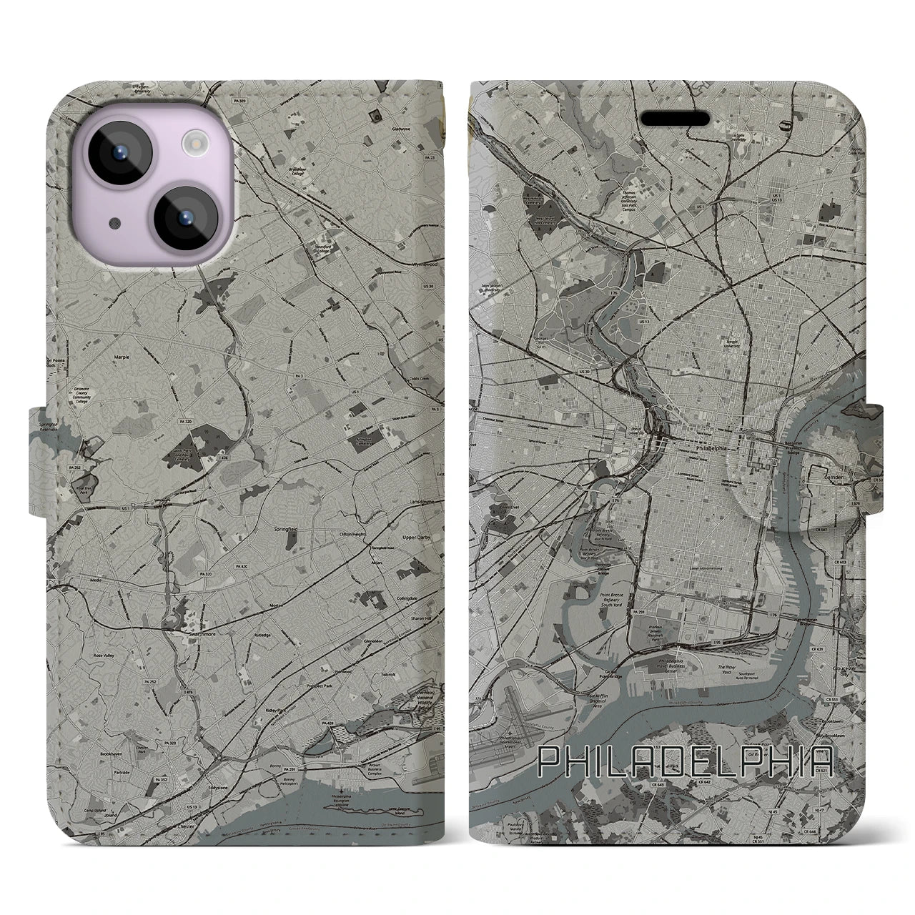 【フィラデルフィア(アメリカ)】地図柄iPhoneケース(手帳タイプ)モノトーン・iPhone 14 用