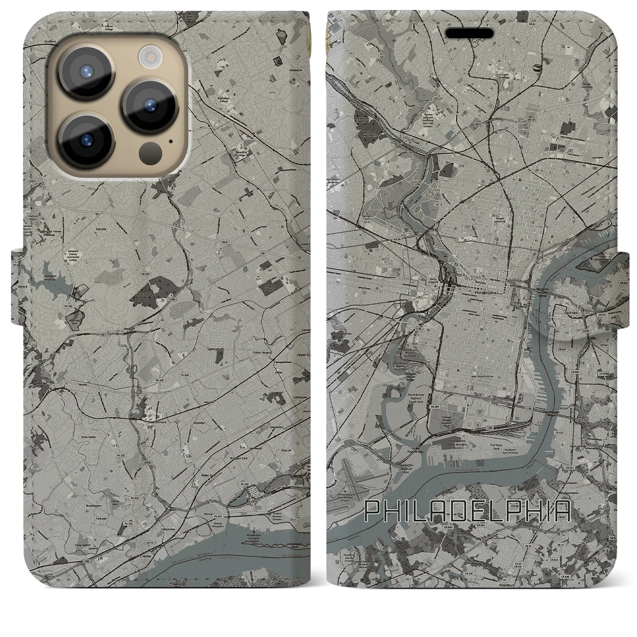 【フィラデルフィア(アメリカ)】地図柄iPhoneケース(手帳タイプ)モノトーン・iPhone 14 Pro Max 用
