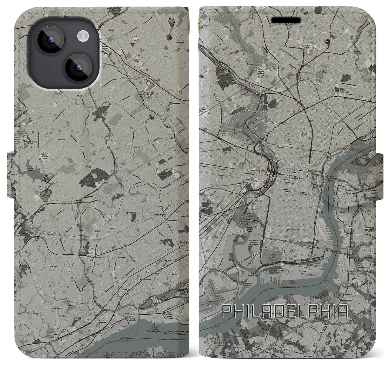 【フィラデルフィア(アメリカ)】地図柄iPhoneケース(手帳タイプ)モノトーン・iPhone 14 Plus 用