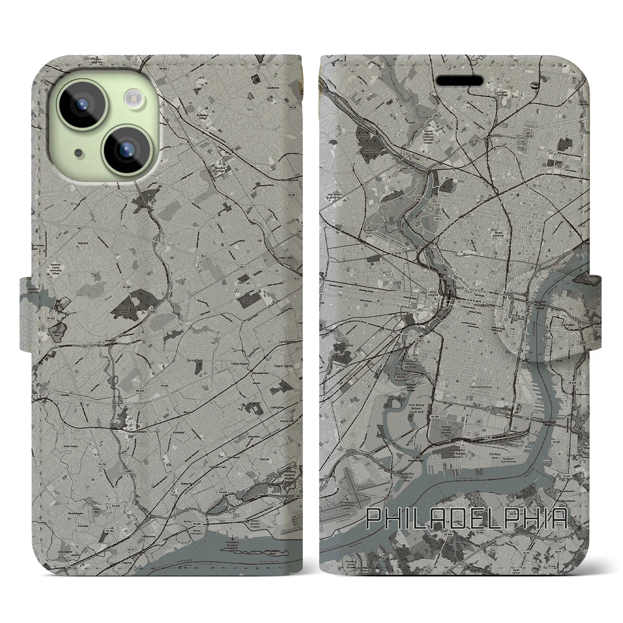 【フィラデルフィア(アメリカ)】地図柄iPhoneケース(手帳タイプ)モノトーン・iPhone 15 用